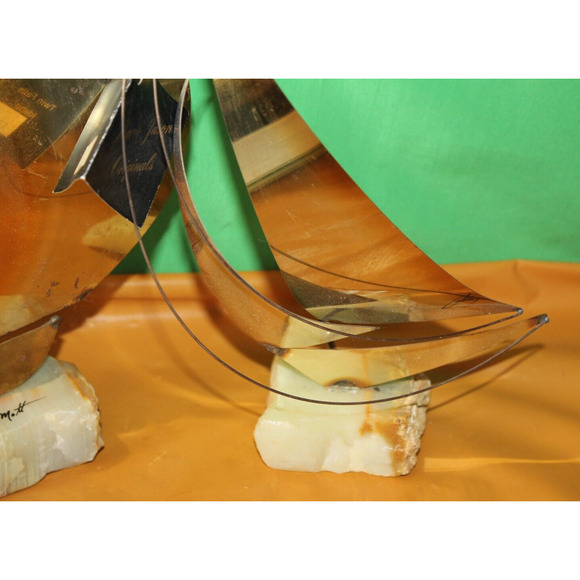 Vintage Pair Brass Metal Steel Onyx Sailboat Sculptures DeMott And Mario Jason - Picture 3 of 16